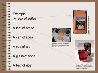 Exemplo:
A box of coffee
A loaf of bread
A can of soda
A cup of tea
A glass of soda
A bag of rice
Imagem:
Jeromekruft
/
Free
Art
License.
Imagem:Matrona / Creative
Commons Attribution-Share
Alike 2.5 Generic..
Imagem: Ubcule / Creative
Commons Attribution-Share
Alike 3.0 Unported.
 