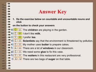 1. Do the exercise below on countable and uncountable nouns and
click
on the button to check your answers
Answer Key
The children are playing in the garden.
I don't like milk.
I prefer tea.
Scientists say that the environment is threatened by pollution.
My mother uses butter to prepare cakes.
There are a lot of windows in our classroom.
We need some glue to fix this vase.
The waiters in this restaurant are very professional.
There are two bags of sugar on that table.
 