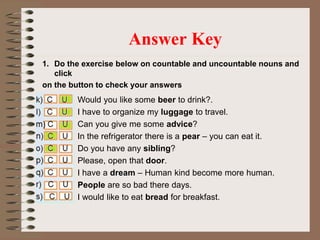 1. Do the exercise below on countable and uncountable nouns and
click
on the button to check your answers
Answer Key
Would you like some beer to drink?.
I have to organize my luggage to travel.
Can you give me some advice?
In the refrigerator there is a pear – you can eat it.
Do you have any sibling?
Please, open that door.
I have a dream – Human kind become more human.
People are so bad there days.
I would like to eat bread for breakfast.
 