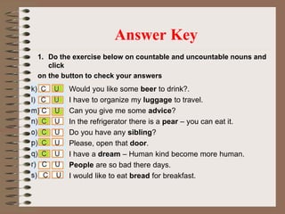 1. Do the exercise below on countable and uncountable nouns and
click
on the button to check your answers
Answer Key
Would you like some beer to drink?.
I have to organize my luggage to travel.
Can you give me some advice?
In the refrigerator there is a pear – you can eat it.
Do you have any sibling?
Please, open that door.
I have a dream – Human kind become more human.
People are so bad there days.
I would like to eat bread for breakfast.
 