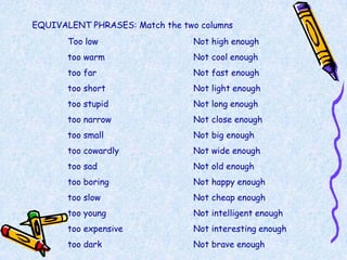 EQUIVALENT PHRASES: Match the two columns
       Too low                  Not high enough
       too warm                 Not cool enough
       too far                  Not fast enough
       too short                Not light enough
       too stupid               Not long enough
       too narrow               Not close enough
       too small                Not big enough
       too cowardly             Not wide enough
       too sad                  Not old enough
       too boring               Not happy enough
       too slow                 Not cheap enough
       too young                Not intelligent enough
       too expensive            Not interesting enough
       too dark                 Not brave enough
 