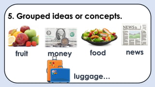 5. Grouped ideas or concepts.
fruit money food news
luggage…
 