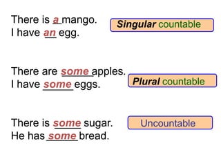 Singular countable
Uncountable
There is a mango.
I have an egg.
There are some apples.
I have some eggs.
There is some sugar.
He has some bread.
Plural countable
 
