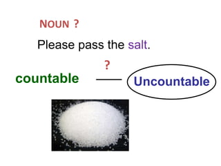 Please pass the salt.
countable Uncountable
7-1 Let’s Practice
?
?NOUN
 