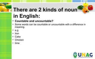 There are 2 kinds of noun
in English:
• Countable and uncountable?
• Some words can be countable or uncountable with a difference in
meaning.
• e.g.
• Iron
• Cake
• Chicken
• time
 