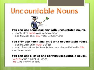 You can use some and any with uncountable nouns.
- I usually drink some wine with my meal.
- I don't usually drink any water with my wine.

You only use much and little with uncountable nouns.
 - I don't usually drink much coffee.
 - I don’t like walk on the beach, because always finish with little
sand in my shoes.

You can use a lot of and no with uncountable nouns.
- A lot of wine is drunk in France.
- No wine is drunk in Iran.
 