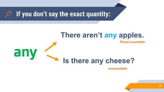 If you don’t say the exact quantity:
25
any
There aren’t any apples.
Is there any cheese?
Plural countable
uncountable
 