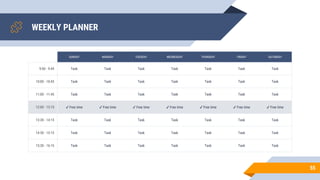 WEEKLY PLANNER
55
SUNDAY MONDAY TUESDAY WEDNESDAY THURSDAY FRIDAY SATURDAY
9:00 - 9:45 Task Task Task Task Task Task Task
10:00 - 10:45 Task Task Task Task Task Task Task
11:00 - 11:45 Task Task Task Task Task Task Task
12:00 - 13:15 ✔ Free time ✔ Free time ✔ Free time ✔ Free time ✔ Free time ✔ Free time ✔ Free time
13:30 - 14:15 Task Task Task Task Task Task Task
14:30 - 15:15 Task Task Task Task Task Task Task
15:30 - 16:15 Task Task Task Task Task Task Task
 