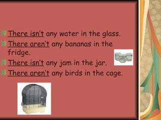 There isn’t  any water in the glass. There aren’t  any bananas in the fridge. There isn’t  any jam in the jar. There aren’t  any birds in the cage. 