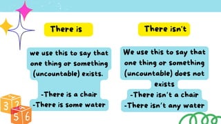 we use this to say that
one thing or something
(uncountable) exists.
-There is a chair
-There is some water
There is
We use this to say that
one thing or something
(uncountable) does not
exists
-There isn’t a chair
-There isn’t any water
There isn't
 