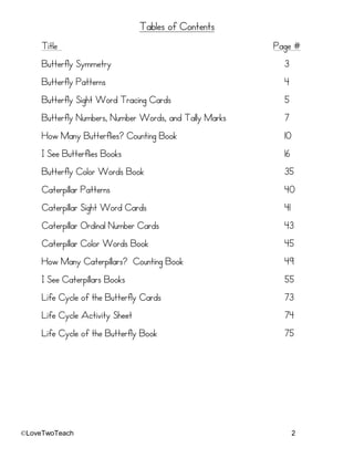 ©LoveTwoTeach 2
Tables of Contents
Title Page #
Butterfly Symmetry 3
Butterfly Patterns 4
Butterfly Sight Word Tracing Cards 5
Butterfly Numbers, Number Words, and Tally Marks 7
How Many Butterflies? Counting Book 10
I See Butterflies Books 16
Butterfly Color Words Book 35
Caterpillar Patterns 40
Caterpillar Sight Word Cards 41
Caterpillar Ordinal Number Cards 43
Caterpillar Color Words Book 45
How Many Caterpillars? Counting Book 49
I See Caterpillars Books 55
Life Cycle of the Butterfly Cards 73
Life Cycle Activity Sheet 74
Life Cycle of the Butterfly Book 75
 