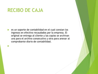 RECIBO DE CAJA
 es un soporte de contabilidad en el cual constan los
ingresos en efectivo recaudados por la empresa. El
original se entrega al cliente y las copias se archivan
una para el archivo consecutivo y otra para anexar al
comprobante diario de contabilidad.

 