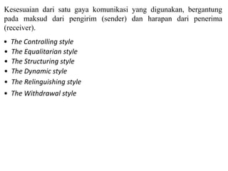 Kesesuaian dari satu gaya komunikasi yang digunakan, bergantung
pada maksud dari pengirim (sender) dan harapan dari penerima
(receiver).
? The Controlling style
? The Equalitarian style
? The Structuring style
? The Dynamic style
? The Relinguishing style
? The Withdrawal style
 