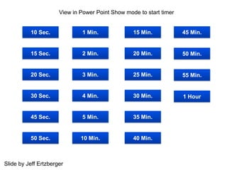 Choose a View in Power Point Show mode to start timer
                 Count down Time by Clicking a Button Below.


          10 Sec.          1 Min.    15 Min.      45 Min.


          15 Sec.          2 Min.    20 Min.      50 Min.


          20 Sec.          3 Min.    25 Min.      55 Min.


          30 Sec.          4 Min.    30 Min.      1 Hour


          45 Sec.          5 Min.    35 Min.


          50 Sec.          10 Min.   40 Min.



Slide by Jeff Ertzberger
 
