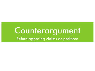 Counterargument
Refute opposing claims or positions
 