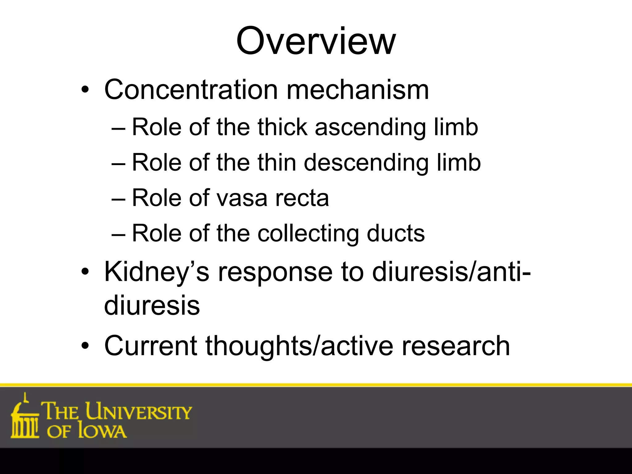 Overview 
• Concentration mechanism 
– Role of the thick ascending limb 
– Role of the thin descending limb 
– Role of vasa recta 
– Role of the collecting ducts 
• Kidney’s response to diuresis/anti-diuresis 
• Current thoughts/active research 
 