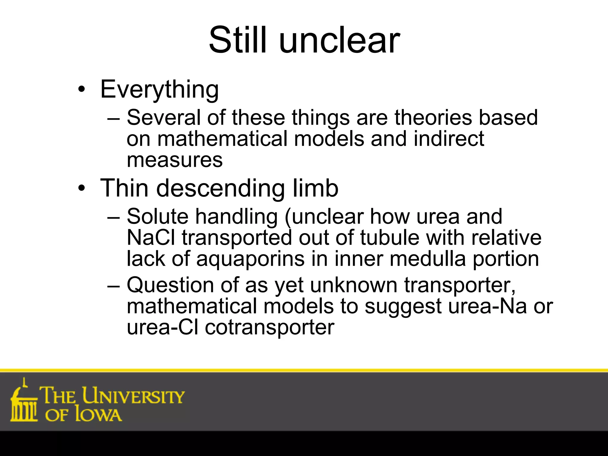 Still unclear 
• Everything 
– Several of these things are theories based 
on mathematical models and indirect 
measures 
• Thin descending limb 
– Solute handling (unclear how urea and 
NaCl transported out of tubule with relative 
lack of aquaporins in inner medulla portion 
– Question of as yet unknown transporter, 
mathematical models to suggest urea-Na or 
urea-Cl cotransporter 
 
