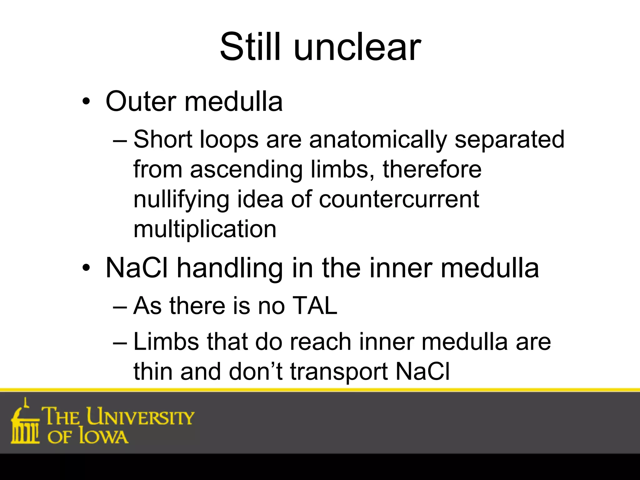 Still unclear 
• Outer medulla 
– Short loops are anatomically separated 
from ascending limbs, therefore 
nullifying idea of countercurrent 
multiplication 
• NaCl handling in the inner medulla 
– As there is no TAL 
– Limbs that do reach inner medulla are 
thin and don’t transport NaCl 

