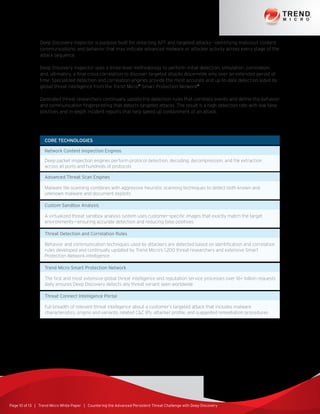 Page 10 of 13 | Trend Micro White Paper | Countering the Advanced Persistent Threat Challenge with Deep Discovery
Deep Discovery Inspector is purpose-built for detecting APT and targeted attacks—identifying malicious content,
communications, and behavior that may indicate advanced malware or attacker activity across every stage of the
attack sequence.
Deep Discovery Inspector uses a three-level methodology to perform initial detection, simulation, correlation,
and, ultimately, a final cross-correlation to discover targeted attacks discernible only over an extended period of
time. Specialized detection and correlation engines provide the most accurate and up-to-date detection aided by
global threat intelligence from the Trend Micro™
Smart Protection Network™
.
Dedicated threat researchers continually update the detection rules that correlate events and define the behavior
and communication fingerprinting that detects targeted attacks. The result is a high detection rate with low false
positives and in-depth incident reports that help speed up containment of an attack.
core technologies
Network Content Inspection Engines
Advanced Threat Scan Engines
Custom Sandbox Analysis
Threat Detection and Correlation Rules
Trend Micro Smart Protection Network
Threat Connect Intelligence Portal
Deep packet inspection engines perform protocol detection, decoding, decompression, and file extraction
across all ports and hundreds of protocols
Malware file scanning combines with aggressive heuristic scanning techniques to detect both known and
unknown malware and document exploits
A virtualized threat sandbox analysis system uses customer-specific images that exactly match the target
environments—ensuring accurate detection and reducing false positives
Behavior and communication techniques used by attackers are detected based on identification and correlation
rules developed and continually updated by Trend Micro’s 1,200 threat researchers and extensive Smart
Protection Network intelligence
The first and most extensive global threat intelligence and reputation service processes over 16+ billion requests
daily ensures Deep Discovery detects any threat variant seen worldwide
Full breadth of relevant threat intelligence about a customer’s targeted attack that includes malware
characteristics, origins and variants, related CC IPs, attacker profile, and suggested remediation procedures
 