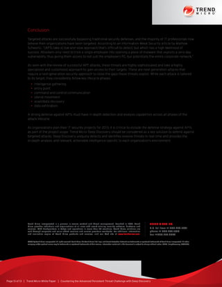 Page 13 of 13 | Trend Micro White Paper | Countering the Advanced Persistent Threat Challenge with Deep Discovery
Conclusion
Targeted attacks are successfully bypassing traditional security defenses, and the majority of IT professionals now
believe their organizations have been targeted. According to an Information Week Security article by Mathew
Schwartz, “[APTs take a] low-and-slow approach that’s difficult to detect, but which has a high likelihood of
success. Attackers only need to trick a single employee into opening a piece of malware that exploits a zero-day
vulnerability, thus giving them access to not just the employee’s PC, but potentially the entire corporate network.”
As seen with the review of successful APT attacks, these threats are highly sophisticated and take a highly
specialized and customized approach to gain access to their targets. These are next-generation attacks that
require a next-generation security approach to close the gaps these threats exploit. While each attack is tailored
to its target, they consistently follow key lifecycle phases:
•• intelligence gathering
•• entry point
•• command and control communication
•• lateral movement
•• asset/data discovery
•• data exfiltration.
A strong defense against APTs must have in-depth detection and analysis capabilities across all phases of the
attack lifecycle.
As organizations plan their IT security projects for 2013, it is critical to include the defense strategy against APTs
as part of the project scope. Trend Micro Deep Discovery should be considered as a key solution to defend against
targeted attacks. Deep Discovery uniquely detects and identifies evasive threats in real-time and provides the
in-depth analysis and relevant, actionable intelligence specific to each organization’s environment.
©2013 by Trend Micro Incorporated. All rights reserved. Trend Micro, the Trend Micro t-ball logo, and Smart Protection Network are trademarks or registered trademarks of Trend Micro Incorporated. All other
company and/or product names may be trademarks or registered trademarks of their owners. Information contained in this document is subject to change without notice. [WP01_DeepDiscovery_130219US]
TREND MICRO INC.
U.S. toll free: +1 800.228.5651
phone: +1 408.257.1500
fax: +1408.257.2003
Trend Micro Incorporated is a pioneer in secure content and threat management. Founded in 1988, Trend
Micro provides individuals and organizations of all sizes with award-winning security software, hardware and
services. With headquarters in Tokyo and operations in more than 30 countries, Trend Micro solutions are
sold through corporate and value-added resellers and service providers worldwide. For additional information
and evaluation copies of Trend Micro products and services, visit our Web site at www.trendmicro.com.
 