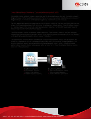 Page 8 of 13 | Trend Micro White Paper | Countering the Advanced Persistent Threat Challenge with Deep Discovery
Trend Micro Deep Discovery: Custom Defense against APTs
Standard protection products’ signature-based, one-size-fits-all approach cannot deal with the custom nature of
targeted attacks and their dedicated perpetrators. The malware, communications, and attacker activities used in
targeted attacks are invisible to standard endpoint, gateway, and network security measures.
Security analysts and experts recommend a new type of network monitoring that uses specialized detection and
analysis techniques designed specifically to discover the telltale signs of these attacks. Trend Micro Deep Discovery
is a leading product in this movement, enabling organizations to deploy a full Detect–Analyze–Adapt–Respond
lifecycle to protect themselves from these attacks.
The Deep Discovery solution is comprised of two components: Deep Discovery Inspector and Deep Discovery
Advisor. Deep Discovery Inspector provides network threat detection, custom sandboxing, and real-time analysis
and reporting. Its capabilities are the primary topic of this section.
The optional Deep Discovery Advisor provides open, scalable, custom sandbox analysis that can augment the
protection capabilities of an organization’s existing security products, such as email and Web gateways. It also
provides visibility to network-wide security events and security update exports—all in a unified intelligence
platform. Deep Discovery Advisor is the gateway to the full power of the Trend Micro Custom Defense solution,
described in the next section.
•• Network traffic inspection
•• Custom threat detection
•• Real-time analysis  reporting
Deep Discovery Inspector
•• Open custom sandboxing platform
•• Deep investigation  analysis
•• Adaptive Protection against attack
Deep Discovery Advisor
 