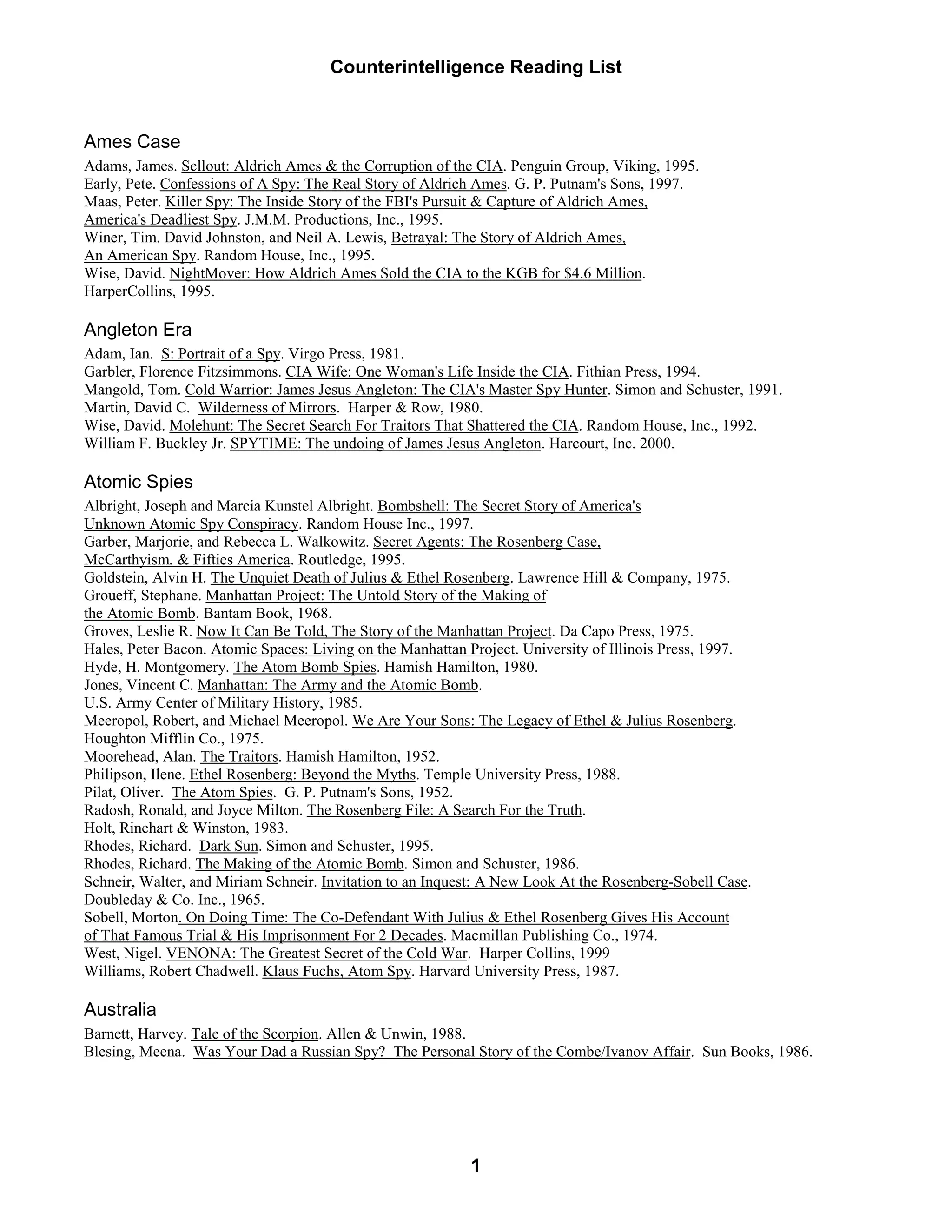 Counter intelligence reading list PDF