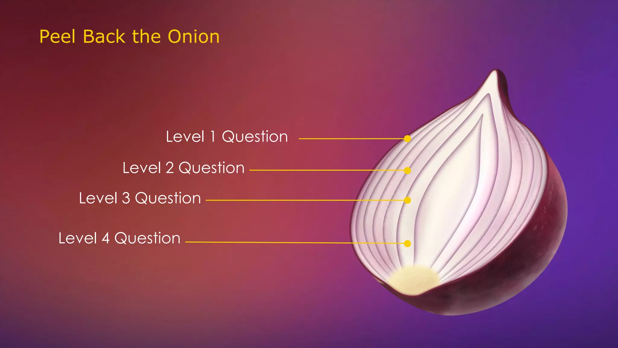 Peel Back the Onion
Level 1 Question
Level 2 Question
Level 3 Question
Level 4 Question
 