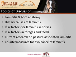 Topics of Discussion Laminitis & hoof anatomy Dietary causes of laminitis  Risk factors for laminitis in horses Risk factors in forages and feeds  Current research on pasture associated laminitis Countermeasures for avoidance of laminitis 
