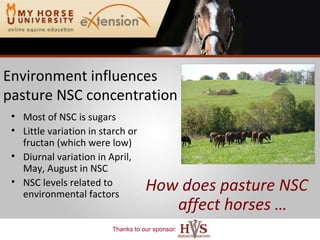 Environment influences pasture NSC concentration Most of NSC is sugars Little variation in starch or fructan (which were low) Diurnal variation in April, May, August in NSC  NSC levels related to environmental factors How does pasture NSC affect horses … 
