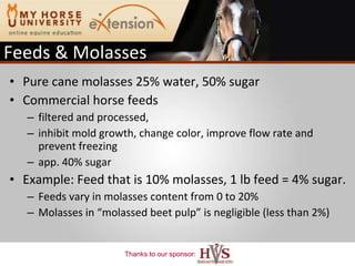 Feeds & Molasses Pure cane molasses 25% water, 50% sugar Commercial horse feeds  filtered and processed,  inhibit mold growth, change color, improve flow rate and prevent freezing app. 40% sugar Example: Feed that is 10% molasses, 1 lb feed = 4% sugar. Feeds vary in molasses content from 0 to 20% Molasses in “molassed beet pulp” is negligible (less than 2%) 