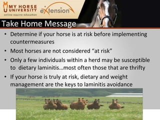 Take Home Message Determine if your horse is at risk before implementing countermeasures Most horses are not considered “at risk” Only a few individuals within a herd may be susceptible to  dietary laminitis…most often those that are thrifty If your horse is truly at risk, dietary and weight management are the keys to laminitis avoidance 