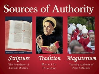 Sources of Authority
Tradition
Respect for
Precedent
Scripture
The Foundation of
Catholic Doctrine
Photo Credit: GleesonLibraryRBR
Magisterium
Teaching Authority of
Pope & Bishops
Photo Credit: Catholic Church (England & Wales)
 