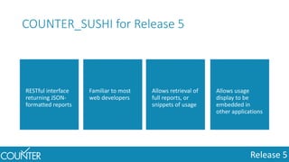 Release 5
COUNTER_SUSHI for Release 5
RESTful interface
returning JSON-
formatted reports
Familiar to most
web developers
Allows retrieval of
full reports, or
snippets of usage
Allows usage
display to be
embedded in
other applications
 