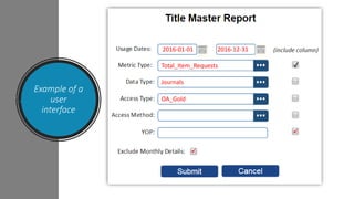 Release 5
Example of a
user
interface
2016-01-01 2016-12-31
Total_Item_Requests
Journals
OA_Gold
✓
✓
 