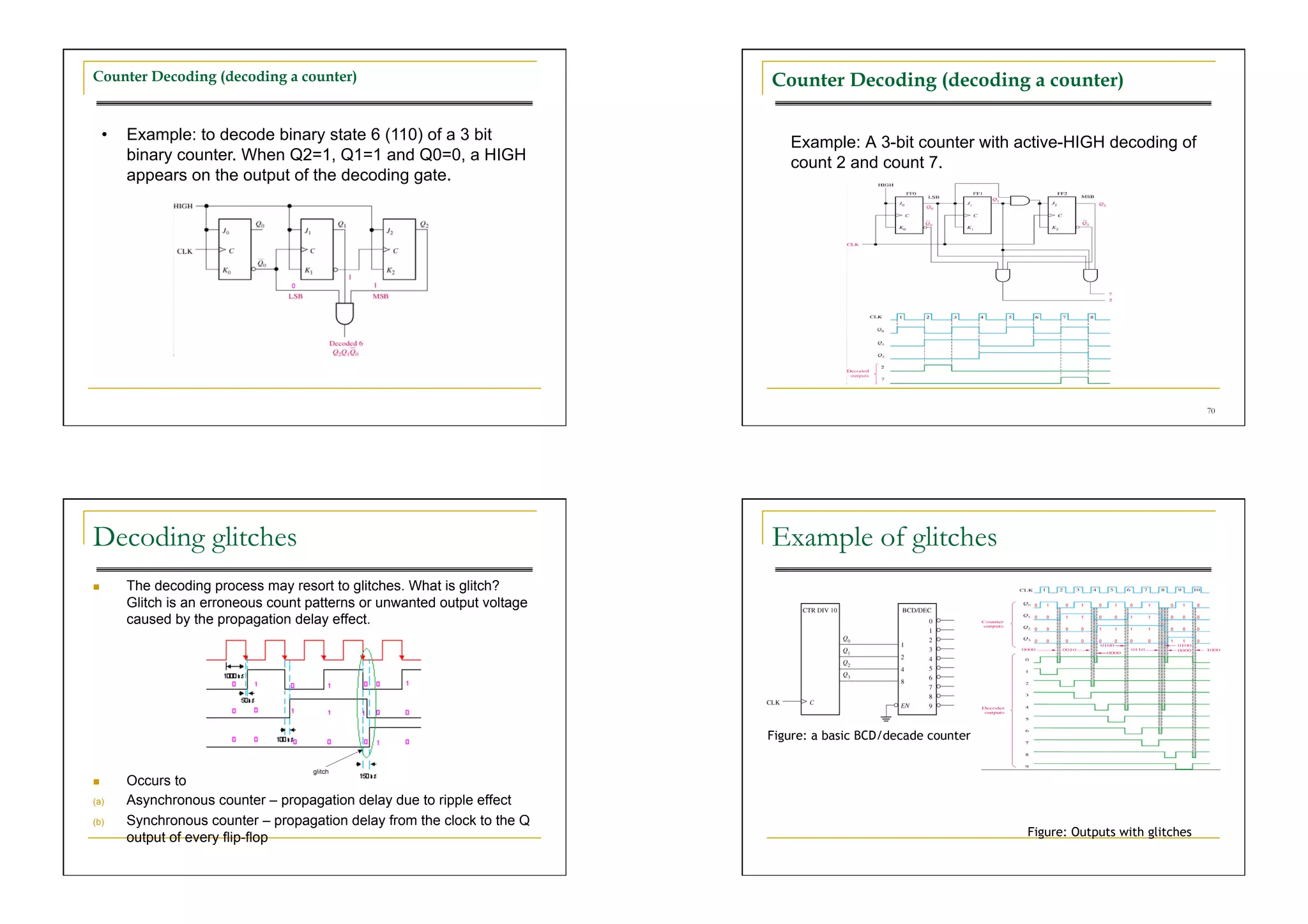 Counter Decoding (decoding a counter)                                        Counter Decoding (decoding a counter)

     •    Example: to decode binary state 6 (110) of a 3 bit                    Example: A 3-bit counter with active-HIGH decoding of
          binary counter. When Q2=1, Q1=1 and Q0=0, a HIGH                      count 2 and count 7.
          appears on the output of the decoding gate.




                                                                                                                                                  70




Decoding glitches                                                            Example of glitches
         The decoding process may resort to glitches. What is glitch?
          Glitch is an erroneous count patterns or unwanted output voltage
          caused by the propagation delay effect.




                                                                             Figure: a basic BCD/decade counter


         Occurs to
(a)       Asynchronous counter – propagation delay due to ripple effect
(b)       Synchronous counter – propagation delay from the clock to the Q
          output of every flip-flop                                                                               Figure: Outputs with glitches
 