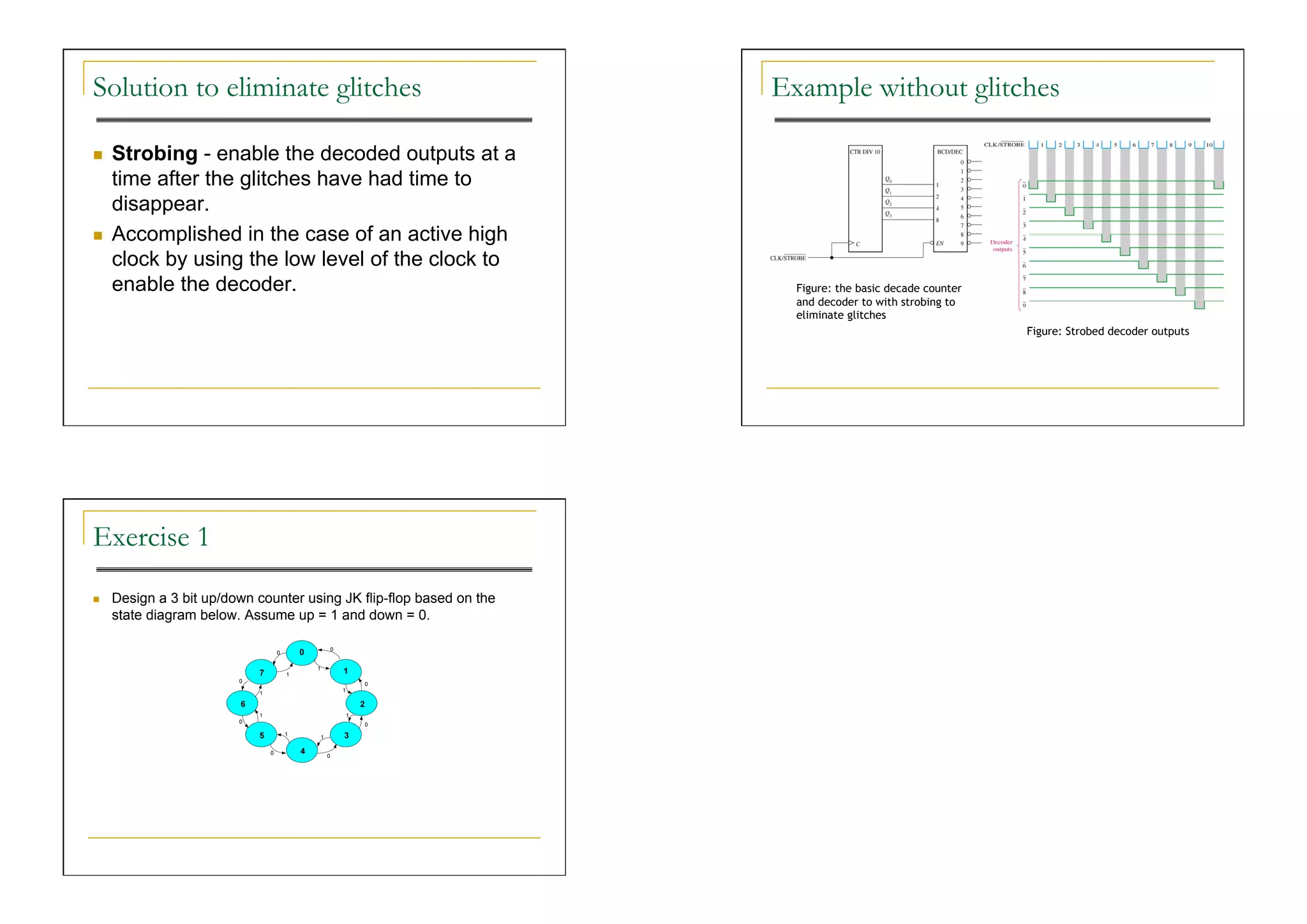 Solution to eliminate glitches                                        Example without glitches

    Strobing - enable the decoded outputs at a
     time after the glitches have had time to
     disappear.
    Accomplished in the case of an active high
     clock by using the low level of the clock to
     enable the decoder.                                                Figure: the basic decade counter
                                                                        and decoder to with strobing to
                                                                        eliminate glitches
                                                                                                           Figure: Strobed decoder outputs




Exercise 1
    Design a 3 bit up/down counter using JK flip-flop based on the
     state diagram below. Assume up = 1 and down = 0.
 