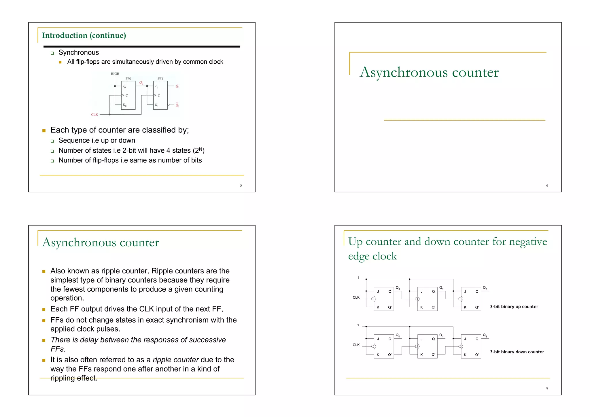Introduction (continue)

         Synchronous
              All flip-flops are simultaneously driven by common clock

                                                                                Asynchronous counter


    Each type of counter are classified by;
         Sequence i.e up or down
         Number of states i.e 2-bit will have 4 states (2N)
         Number of flip-flops i.e same as number of bits


                                                                          5                                                           6




Asynchronous counter                                                          Up counter and down counter for negative
                                                                              edge clock
    Also known as ripple counter. Ripple counters are the
     simplest type of binary counters because they require
     the fewest components to produce a given counting
     operation.
                                                                                                          3-bit binary up counter
    Each FF output drives the CLK input of the next FF.
    FFs do not change states in exact synchronism with the
     applied clock pulses.
    There is delay between the responses of successive
     FFs.                                                                                                 3-bit binary down counter
    It is also often referred to as a ripple counter due to the
     way the FFs respond one after another in a kind of
     rippling effect.
                                                                                                                                      8
 