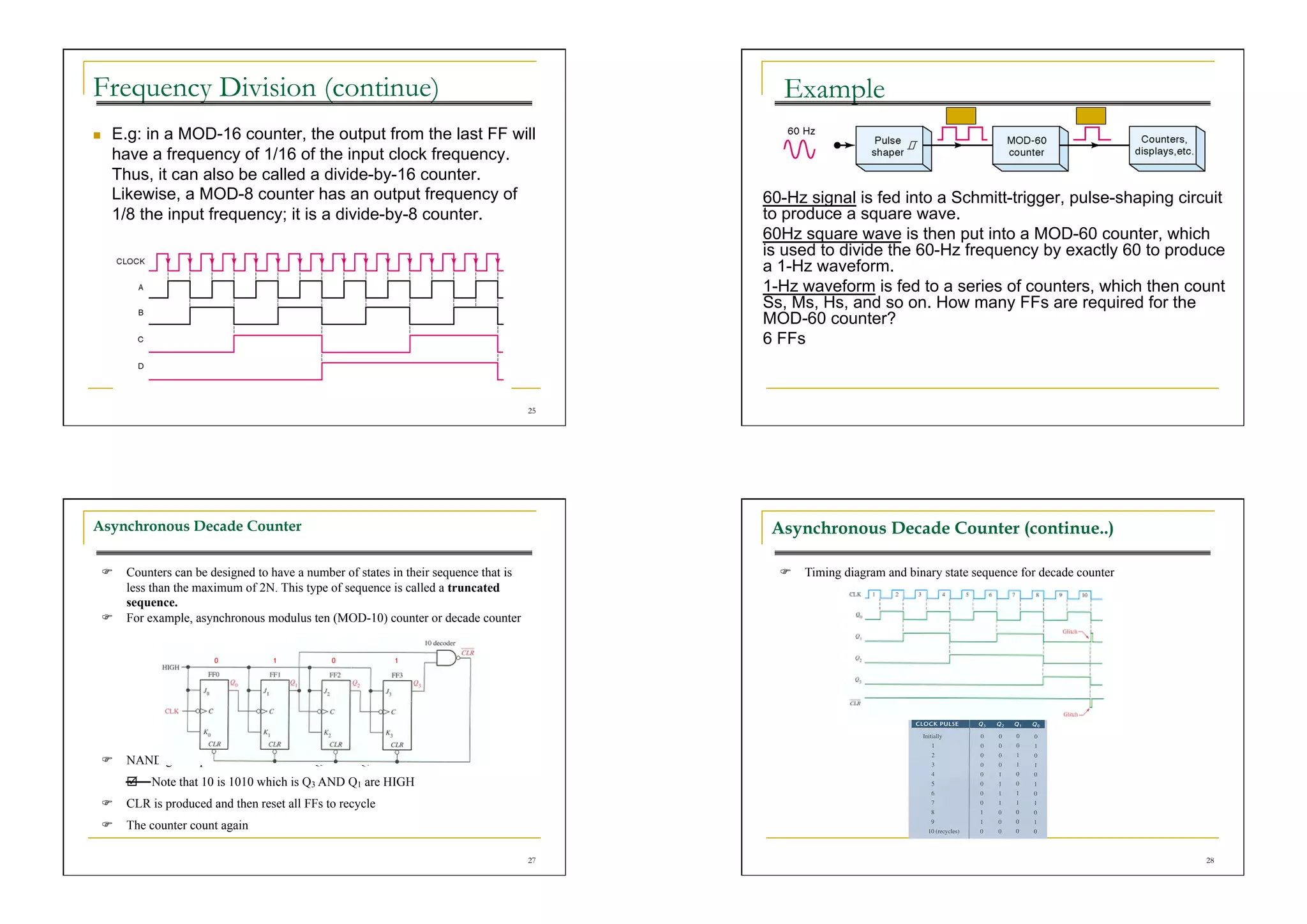 Frequency Division (continue)                                                              Example
    E.g: in a MOD-16 counter, the output from the last FF will
     have a frequency of 1/16 of the input clock frequency.
     Thus, it can also be called a divide-by-16 counter.
     Likewise, a MOD-8 counter has an output frequency of                                60-Hz signal is fed into a Schmitt-trigger, pulse-shaping circuit
     1/8 the input frequency; it is a divide-by-8 counter.                               to produce a square wave.
                                                                                         60Hz square wave is then put into a MOD-60 counter, which
                                                                                         is used to divide the 60-Hz frequency by exactly 60 to produce
                                                                                         a 1-Hz waveform.
                                                                                         1-Hz waveform is fed to a series of counters, which then count
                                                                                         Ss, Ms, Hs, and so on. How many FFs are required for the
                                                                                         MOD-60 counter?
                                                                                         6 FFs



                                                                                    25




Asynchronous Decade Counter                                                               Asynchronous Decade Counter (continue..)

   Counters can be designed to have a number of states in their sequence that is            Timing diagram and binary state sequence for decade counter
    less than the maximum of 2N. This type of sequence is called a truncated
    sequence.
   For example, asynchronous modulus ten (MOD-10) counter or decade counter


                      0          1          0           1




   NAND gate inputs are derived from Q3 AND Q1
         Note that 10 is 1010 which is Q3 AND Q1 are HIGH
   CLR is produced and then reset all FFs to recycle
   The counter count again

                                                                                    27                                                                      28
 