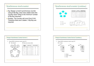 Synchronous mod-counter                                                                       Synchronous mod-counter (continue)

    Eg: Design a mod-5 synchronous counter
     using D flip-flop. How many states does this
     counter have? What is the minimum number
     of flip-flop required?
    Answer: The counter will count from 04.
     Therefore there are 5 states. 3 flip-flop are
     required.



                                                                                         49                                                                          50




Design of Synchronous Counter Exercise 3                                                      Design of Synchronous Counter Exercise 3 (continue..)


   Design MOD5 synchronous counter using D FF                                                   Design MOD5 synchronous counter using D FF
        State diagram                State and excitation tables                                   K-maps
                                                                                                           Q0                     Q0                   Q0
                                         PRESENT       NEXT STATE     FLIP-FLOP INPUTS              Q2Q1        0   1      Q2Q1         0   1   Q2Q1         0   1
                                          STATE
                                                                                                           00   0   0             00    0   1          00    1   0
                                     Q2    Q1   Q0     Q2   Q1   Q0   D2    D1      D0
                                                                                                           01   0   1             01    1   0          01    1   0
                                     0      0      0   0    0    1    0      0       1
                                     0      0      1   0    1    0    0      1       0                     11   0   0             11    0   0          11    0   0

                                     0      1      0   0    1    1    0      1       1                     10   0   0             10    0   0          10    0   0
                                     0      1      1   1    0    0    1      0       0
                                     1      0      0   0    0    0    0      0       0
                                                                                                                D2 map                 D1 map               D0 map

                                     1      0      1   0    0    0    0      0       0
                                     1      1      0   0    0    0    0      0       0
                                     1      1      1   0    0    0    0      0       0




                                                                                         51                                                                          52
 