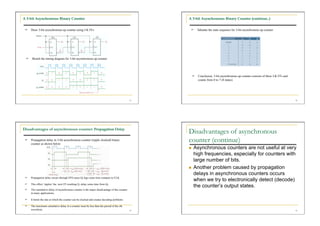 A 3-bit Asynchronous Binary Counter                                                                 A 3-bit Asynchronous Binary Counter (continue..)


   Draw 3-bit asynchronous up counter using J-K FFs                                                   Tabulate the state sequence for 3-bit asynchronous up counter




   Sketch the timing diagram for 3-bit asynchronous up counter




                                                                                                           Conclusion, 3-bit asynchronous up counter consists of three J-K FFs and
                                                                                                            counts from 0 to 7 (8 states)




                                                                                               13                                                                                     14




Disadvantages of asynchronous counter: Propagation Delay
                                                                                                    Disadvantages of asynchronous
   Propagation delay in 3-bit asynchronous counter (ripple clocked) binary
    counter as shown below
                                                                                                    counter (continue)
                                                                                                         Asynchronous counters are not useful at very
                                                                                                          high frequencies, especially for counters with
                                                                                                          large number of bits.
                                                                                                         Another problem caused by propagation
                                                                                                          delays in asynchronous counters occurs
     Propagation delay occurs through FF0 cause Q0 lags some time compare to CLK
                                                                                                          when we try to electronically detect (decode)
     This effect ‘ripples’ the next FF resulting Q1 delay some time from Q0
                                                                                                          the counter’s output states.
     The cumulative delay of asynchronous counter is the major disadvantage of this counter
      in many applications.

     It limits the rate at which the counter can be clocked and creates decoding problems.

     The maximum cumulative delay in a counter must be less than the period of the clk
      waveform.                                                                                15                                                                                     16
 