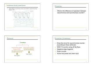 Asynchronous Decade Counter Exercise
                                                                                 Exercise
   Modify MOD-10 asynchronous counter to have MOD-12 and draw the timing
    diagram (1100)
                     0         0         1         1                             1.    What is the difference of operation between
                                                                                       asynchronous and synchronous counter?




                                                                            29                                                     30




Answer:                                                                          Exercise (continue)

                                                                                 2.    Draw the circuit for asynchronous counter
                                                                                       according to these attributes:
                                                                                      MOD 13 counter using JK flip-flops.
                                                                                      Negative edge triggered
                                                                                      Down counter
                                                                                      Active low preset and clear input




                                                                            31                                                     32
 