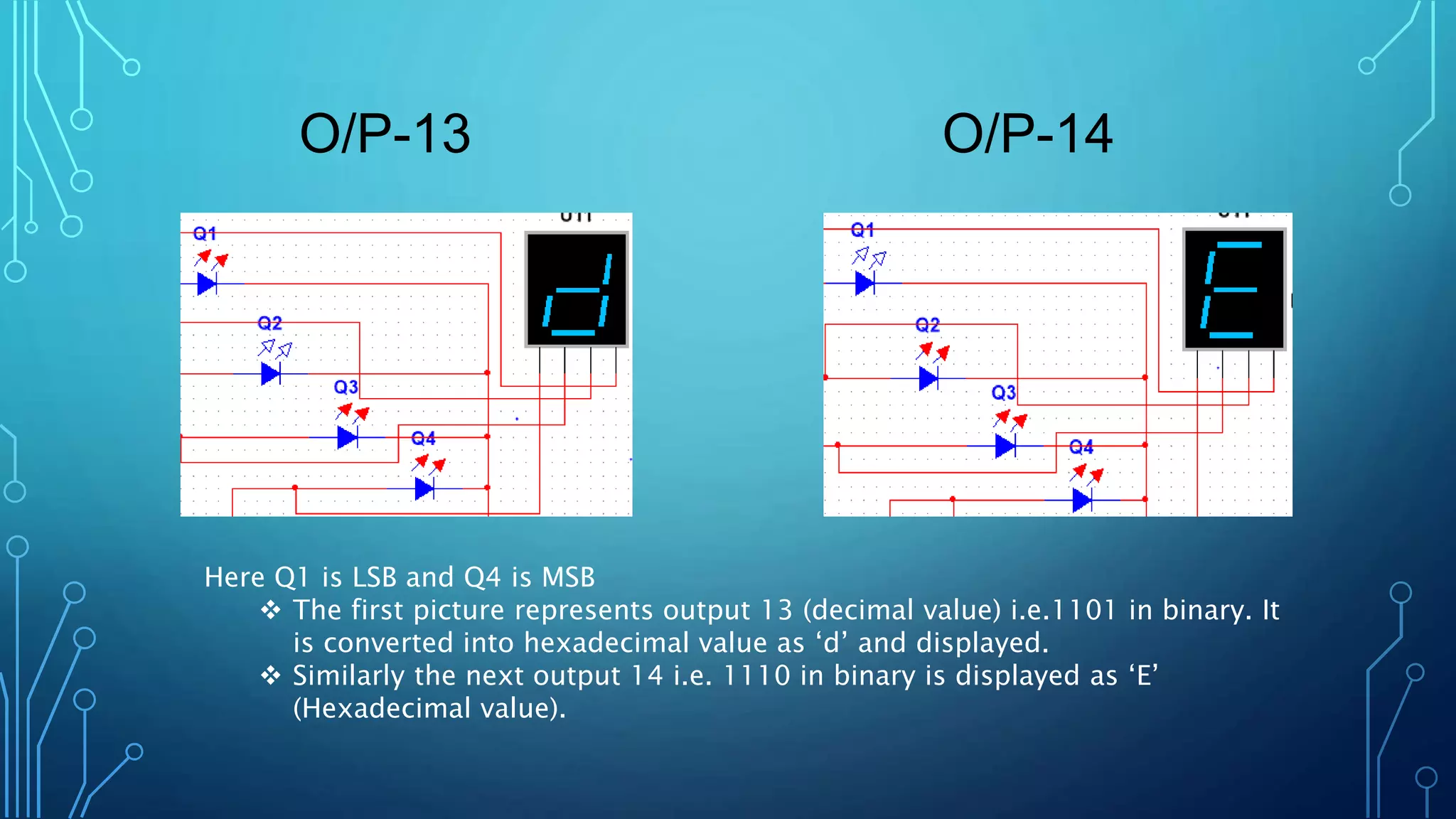 O/P-13 O/P-14
Here Q1 is LSB and Q4 is MSB
 The first picture represents output 13 (decimal value) i.e.1101 in binary. It
is converted into hexadecimal value as ‘d’ and displayed.
 Similarly the next output 14 i.e. 1110 in binary is displayed as ‘E’
(Hexadecimal value).
 