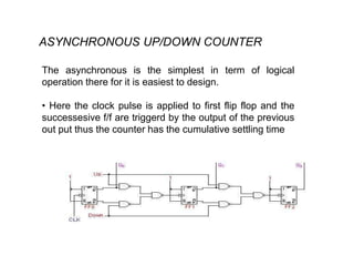 ASYNCHRONOUS UP/DOWN COUNTER
The asynchronous is the simplest in term of logical
operation there for it is easiest to design.
• Here the clock pulse is applied to first flip flop and the
successesive f/f are triggerd by the output of the previous
out put thus the counter has the cumulative settling time
 