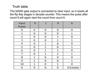 Truth table
The NAND gate output is connected to clear input, so it resets all
the flip flop stages in decade counter. This means the pulse after
count 9 will again start the count from count 0.
 