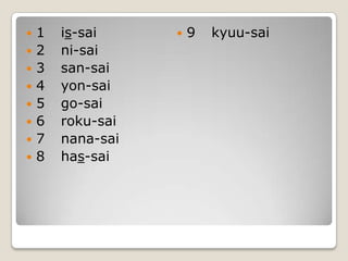 1	is-sai2	ni-sai3	san-sai4	yon-sai5	go-sai6	roku-sai7	nana-sai8	has-sai9	kyuu-sai