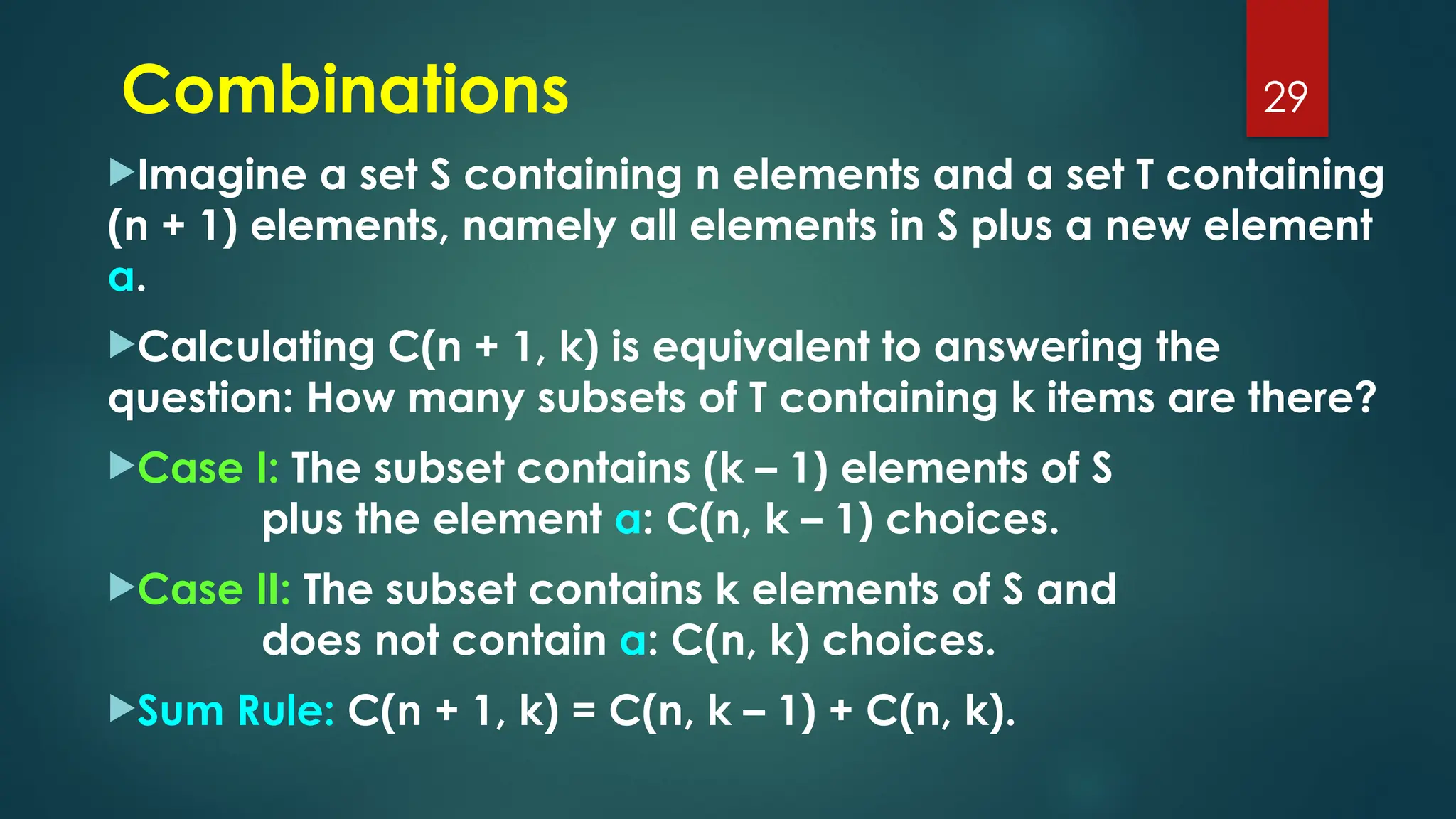Imagine a set S containing n elements and a set T containing
(n + 1) elements, namely all elements in S plus a new element
a.
Calculating C(n + 1, k) is equivalent to answering the
question: How many subsets of T containing k items are there?
Case I: The subset contains (k – 1) elements of S
plus the element a: C(n, k – 1) choices.
Case II: The subset contains k elements of S and
does not contain a: C(n, k) choices.
Sum Rule: C(n + 1, k) = C(n, k – 1) + C(n, k).
29
Combinations
 