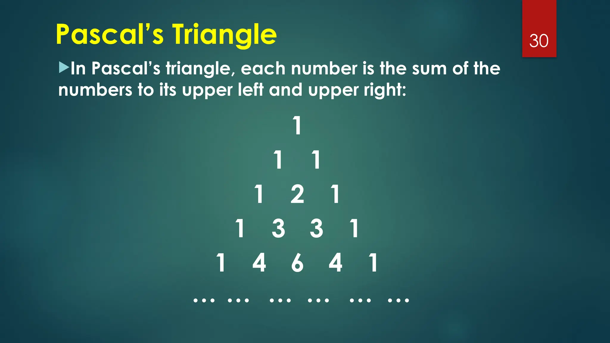 Pascal’s Triangle
In Pascal’s triangle, each number is the sum of the
numbers to its upper left and upper right:
30
1
1 1
1 2 1
1 3 3 1
1 4 6 4 1
… … … … … …
 