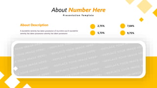 About Number Here
P r e s e n t a t i o n T e m p l a t e
About Description
A wonderful serenity has taken possession of my entire soul A wonderful
serenity has taken possession serenity has taken possession
2,75%
5,73%
7,84%
9,75%
 