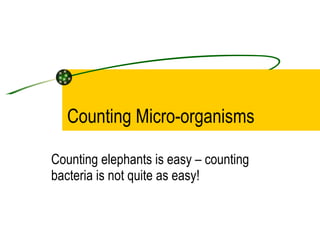 Counting Micro-organisms Counting elephants is easy – counting bacteria is not quite as easy! 