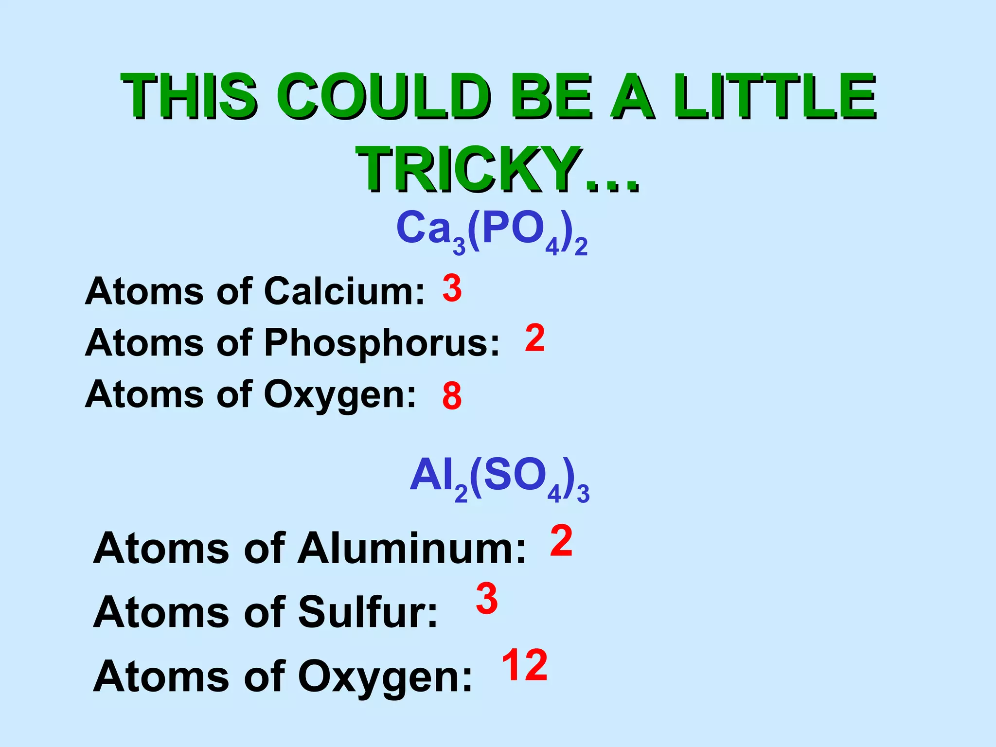 THIS COULD BE A LITTLE TRICKY… Ca 3 (PO 4 ) 2 Atoms of Calcium: Atoms of Phosphorus: Atoms of Oxygen: 3 2 Al 2 (SO 4 ) 3 Atoms of Aluminum: Atoms of Sulfur: Atoms of Oxygen: 2 3 8 12
